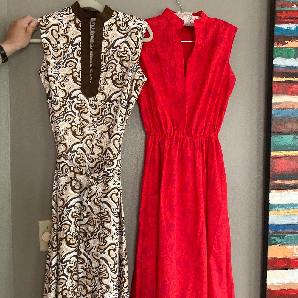 Lot / bundle 2 crisp cotton home-sewn summer dresses in vibrant prints